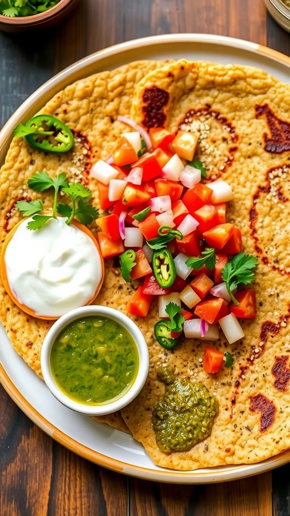 A delicious quinoa uttapam with vegetables, served with yogurt and chutney on a plate.